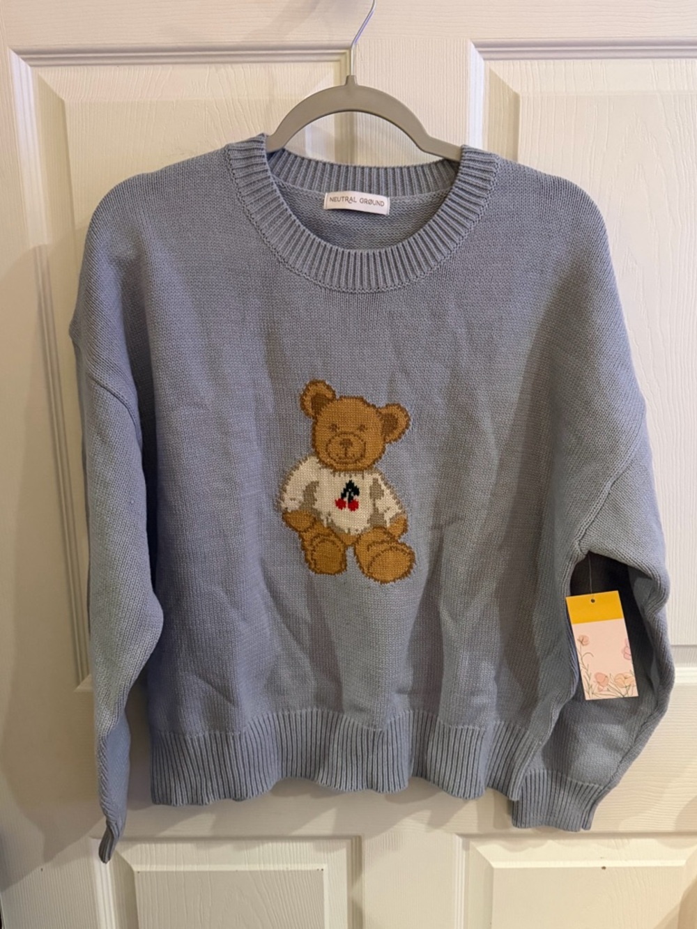 Neutral Ground Light Blue Teddy Sweater with Embroidered Bear
